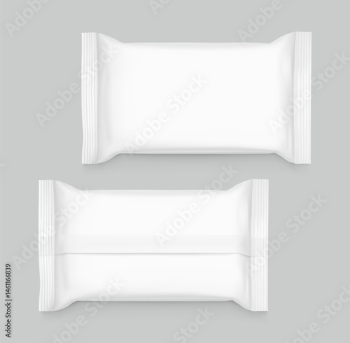 Realistic flow packaging mockup for bars, candies, waffles. Front and back views. Vector illustration on grey background. Easy to use for presentation your product, idea, design. EPS10.