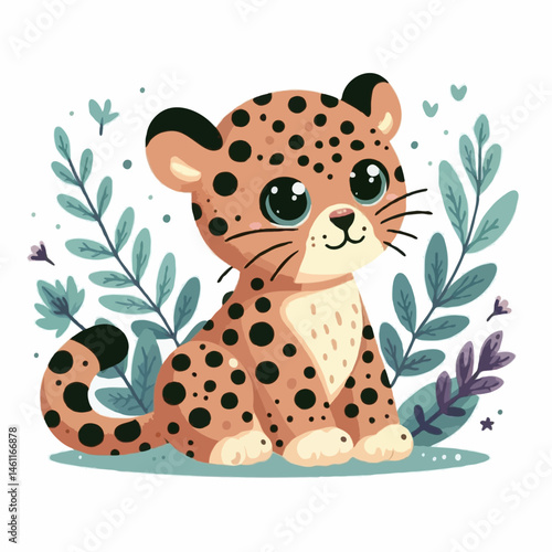 Cute brown cartoon baby jaguar cub holds a heart, a vector illustration of animal love
