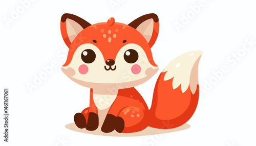 A cute cartoon fox vector illustration shows a funny orange mammal with a smiling face and bushy tail