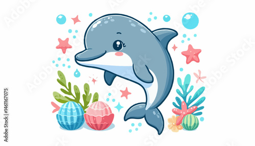 A playful cartoon dolphin, a marine mammal, jumps with a blue ball in the ocean water