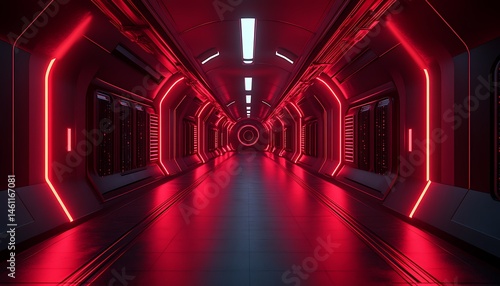 Futuristic corridor illuminated by red neon lights.