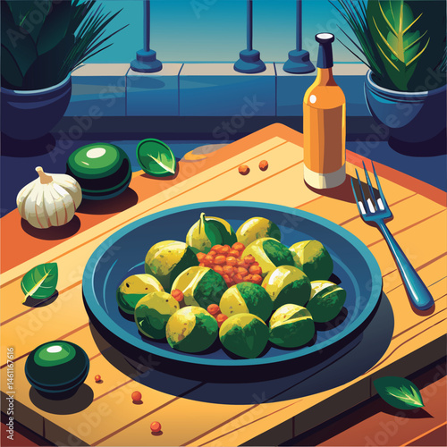 Colorful dish of vegetables and spices.