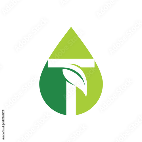 Water Drop, Leaf and Letter T Logo Design 001