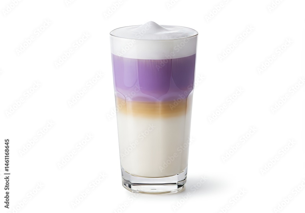 Aesthetic taro latte with layers and smooth white foam against a stark white backdrop Aesthetic taro latte with layers and smooth white foam against a stark white backdrop