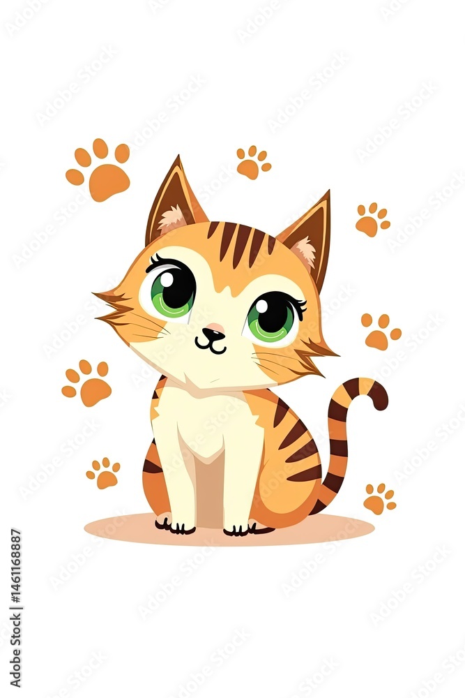 Fototapeta premium Cute Playful Cartoon Cat Surrounded by Paw Prints Pattern