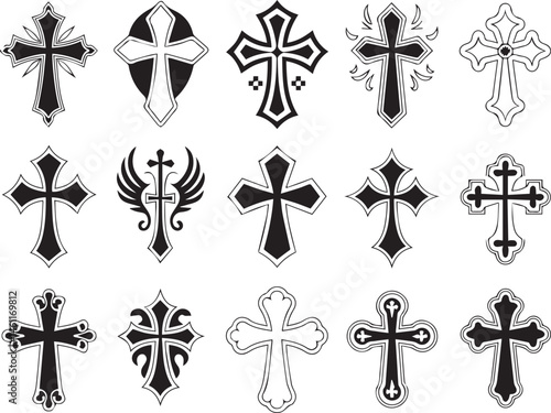 Collection of decorative christian cross symbols variations in black and white vector