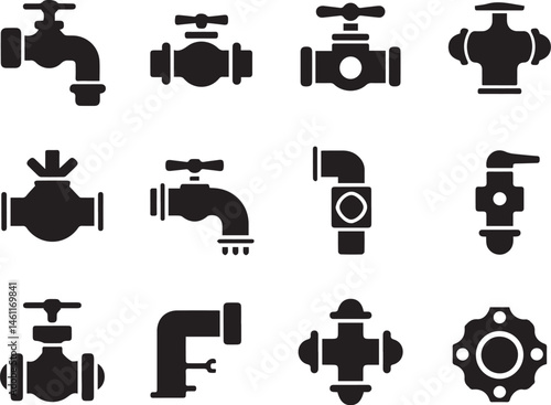 Faucets valves and pipes black silhouette icons vector illustration collection