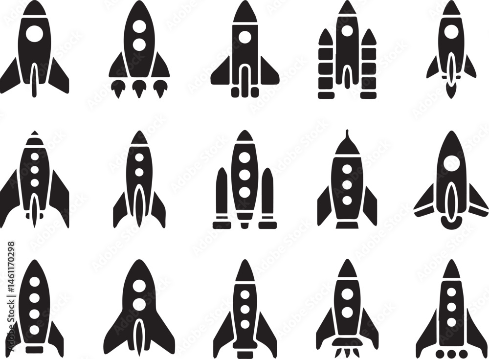 Space rockets silhouette vector collection for exploration science and cosmic travel Space rockets silhouette vector collection for exploration science and cosmic travel