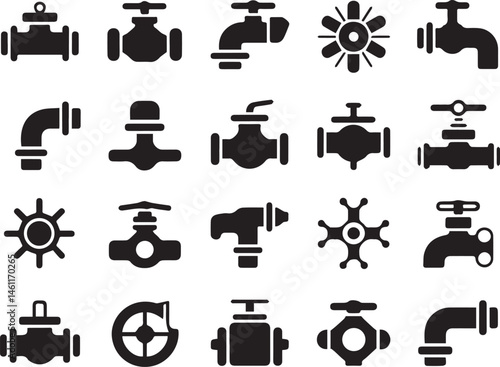 Set of black water pipes and valves icons plumbing system elements collection