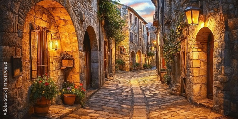 Fototapeta premium A narrow ancient cobblestone street with stone-built buildings on both sides, arched doorways and windows, warm yellow street lamps, potted green plants, and a blue-toned dusk sky.