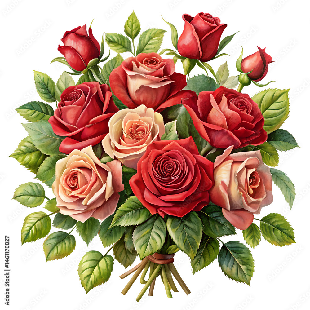 Naklejka premium Vintage Red Roses Bouquet Clipart on White Background One