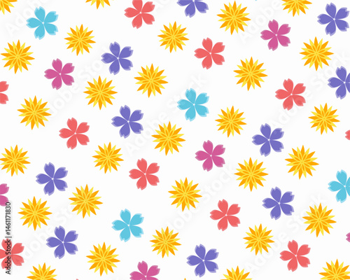 Vibrant seamless floral pattern featuring stylized flowers in yellow, red, pink, purple, and blue on a clean white background.