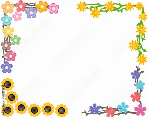 Floral border frame illustration featuring a variety of colorful cartoon-style flowers arranged along the edges of the image. The design includes sunflowers, daisies, and other stylized blossoms. 
