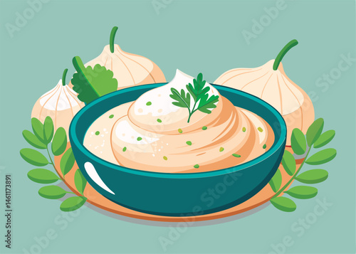 Gourmet garlic dip in a bowl.