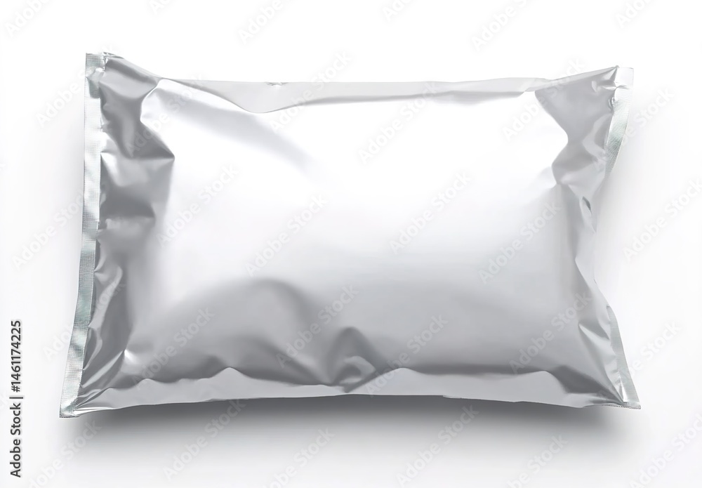 Obraz premium A white square-shaped aluminum foil packaging bag with slight wrinkles on a pure white background.