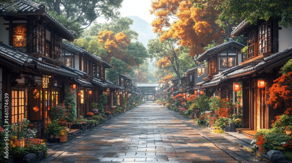 Fototapeta premium Picturesque Asian street with old buildings and vibrant fall foliage