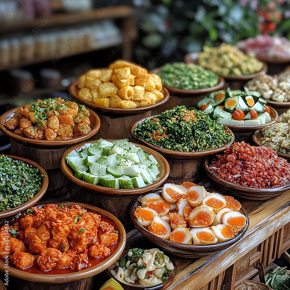 Delicious buffet colorful dishes arranged enticingly Delicious buffet colorful dishes arranged enticingly