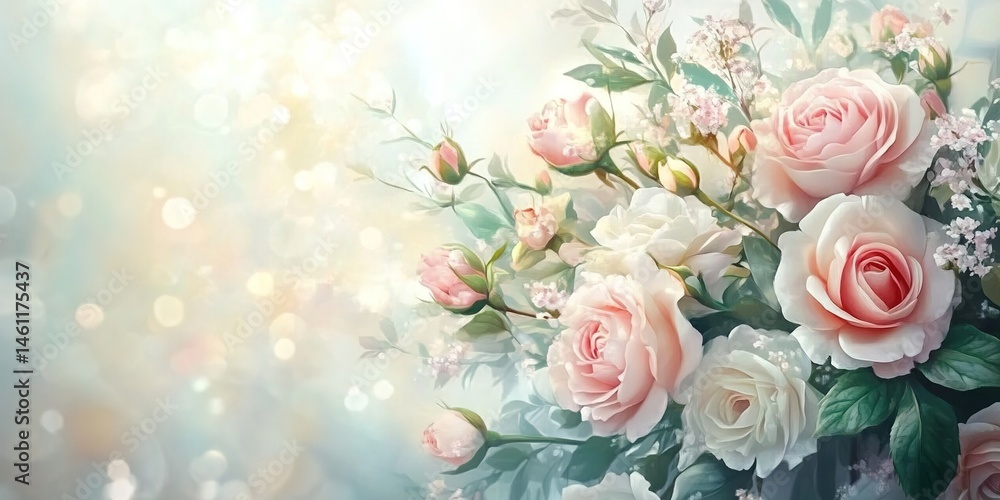 Obraz premium A bouquet of soft-pink peonies with green leaves under soft light on a pastel background.