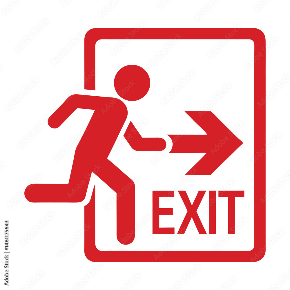 A bright red exit sign with bold EXIT text, a running figure, and a right-pointing arrow—clearly signaling direction and urgency. Ideal for emergency or directional signage and safety visuals. A bright red exit sign with bold EXIT text, a running figure, and a right-pointing arrow—clearly signaling direction and urgency. Ideal for emergency or directional signage and safety visuals.