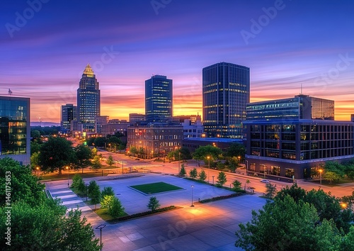 A cityscape at dusk with a skyscraper, surrounding buildings, a park, and a vibrant purple-orange sky.