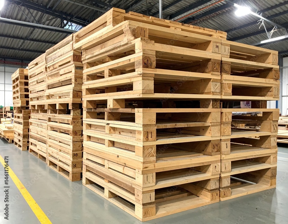 A large, neatly stacked pile of weathered wooden pallets fills the spacious warehouse, showcasing various shades of brown and rustic textures. A large, neatly stacked pile of weathered wooden pallets fills the spacious warehouse, showcasing various shades of brown and rustic textures.