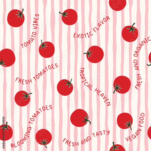 Collection of fresh red tomatoes vector illustration. Stripe Pattern tomatoes. Seamless template with tomato icon isolated on white background. For food design, cover, packaging, paper, fabric.