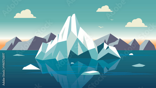 Iceberg Ice Mountain Nature Landscape Floating on Blue Ocean in the North Pole at Dusk