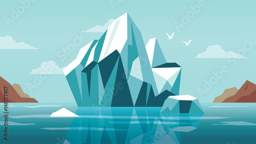 Iceberg Ice Mountain Nature Landscape Floating on Blue Ocean in the North Pole in Bright Sky