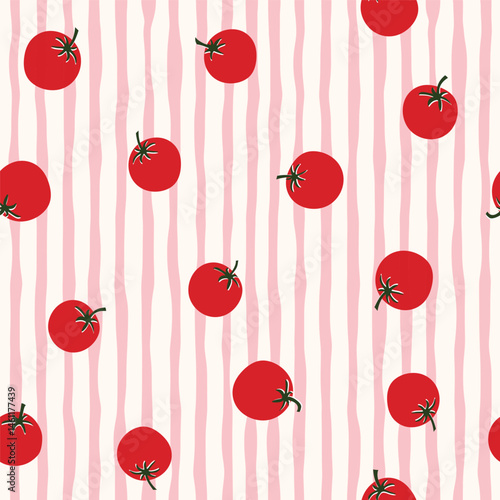 Collection of fresh red tomatoes vector illustration. Stripe Pattern tomatoes. Seamless template with tomato icon isolated on white background. For food design, cover, packaging, paper, fabric.
