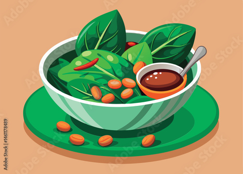 Healthy spinach salad with nuts and dressing.