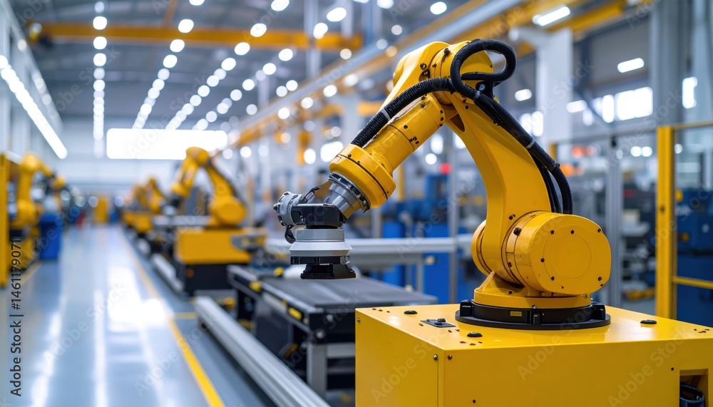 Yellow Robotic Arm in Production Line Yellow Robotic Arm in Production Line