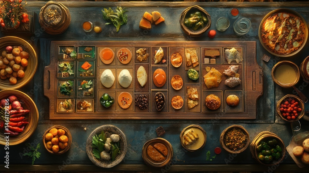 Fototapeta premium A vibrant spread of assorted dishes and ingredients on a rustic wooden table, showcasing culinary diversity