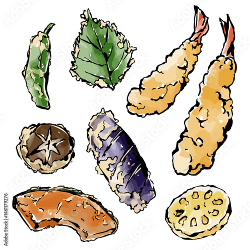 日本の天ぷら料理　手描きイラスト