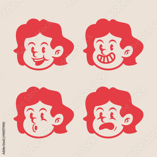 Set of 4 retro cartoon girl face expressions in bold red style. Funny vintage female character icons with playful, happy, silly, and surprised moods. Ideal for stickers or branding