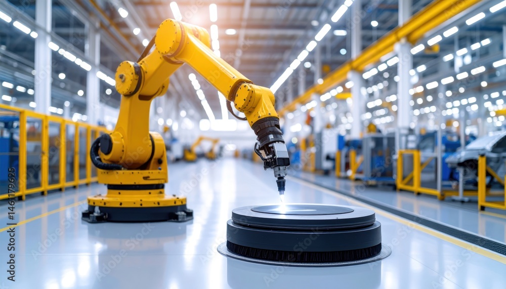 Yellow Robotic Arm Working in Factory Yellow Robotic Arm Working in Factory