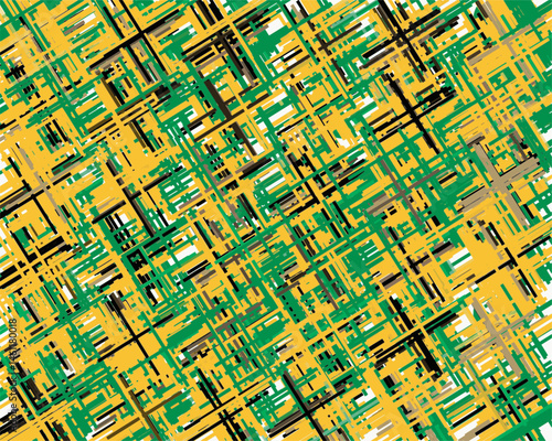 Abstract geometric digital art featuring a complex and colorful grid of overlapping lines in shades of yellow, green, black, white, and brown. 