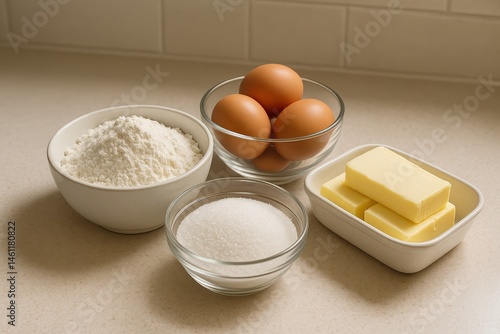 Ingredients for baking flour eggs sugar butter arranged on a kitchen counter
