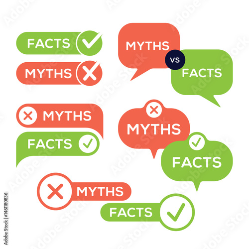 Myths vs Facts icon badges. Facts vs Myths comparison vector illustration