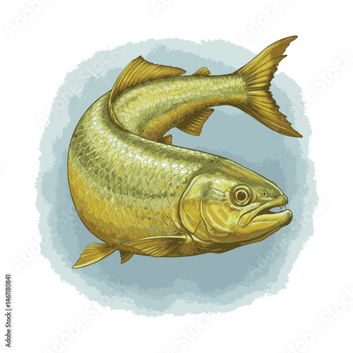 Golden River Fish Illustration with Water Splash Background