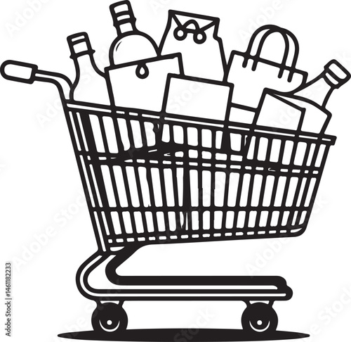 Shopping cart full of groceries ideal for retail consumerism and supermarket concepts