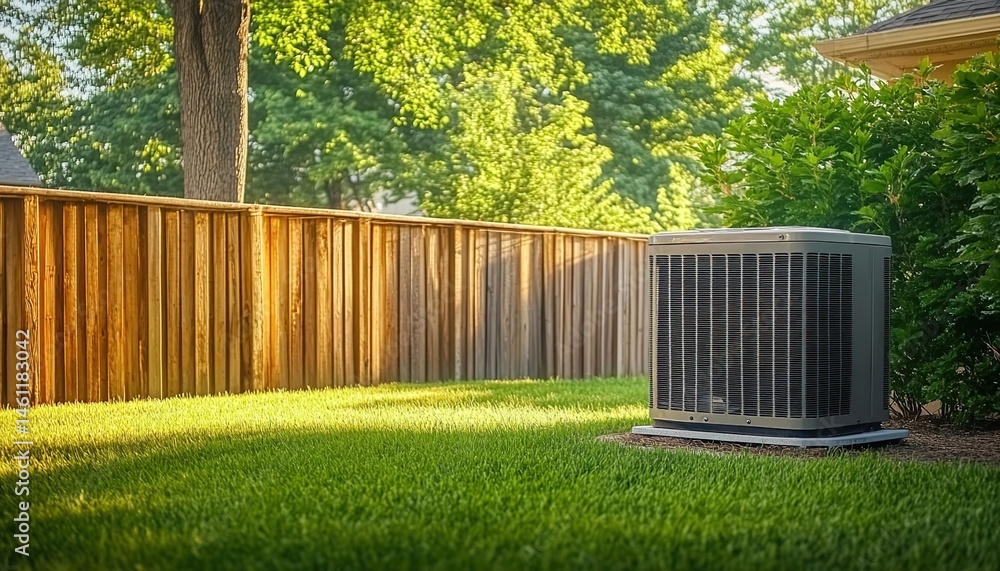 Air-conditioning outdoor unit in a backyard with wooden fence and grass. Air-conditioning outdoor unit in a backyard with wooden fence and grass.