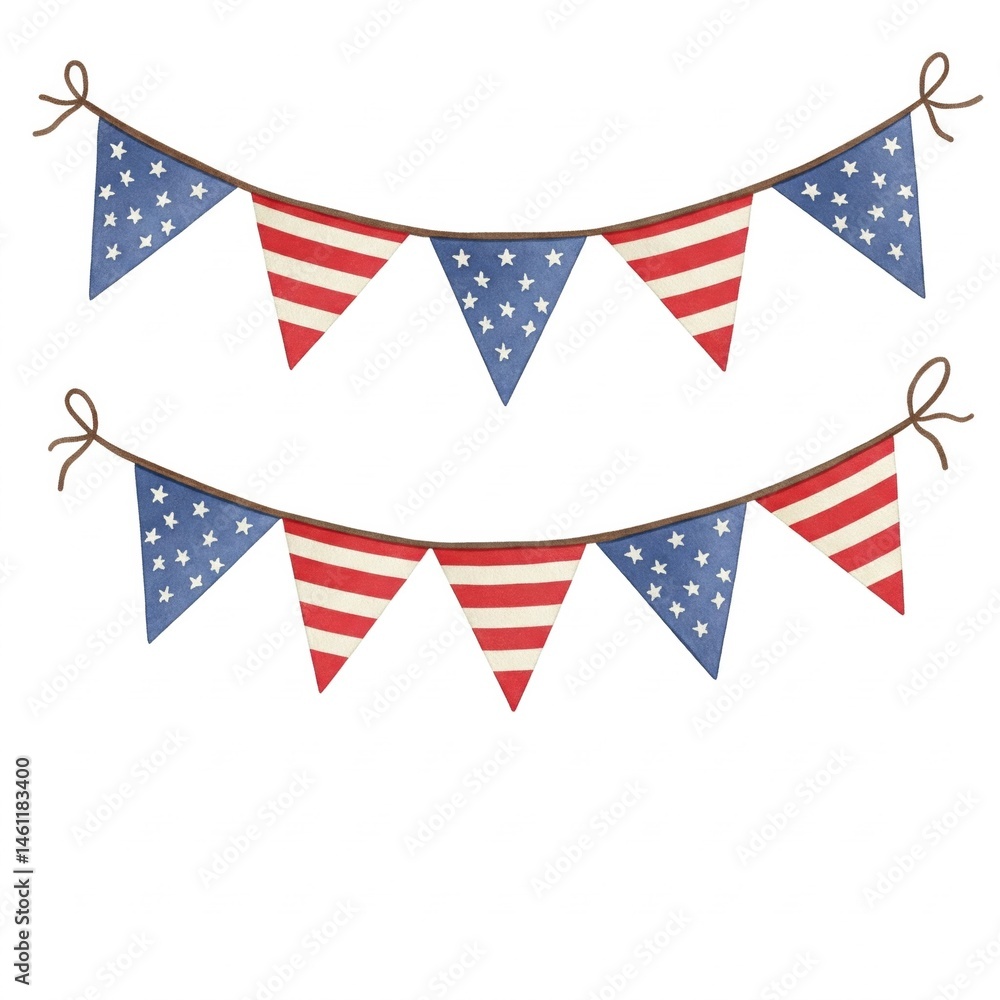 Patriotic bunting with stars and stripes in red, white, and blue, resembling the American flag, arranged on two strings. Patriotic bunting with stars and stripes in red, white, and blue, resembling the American flag, arranged on two strings.