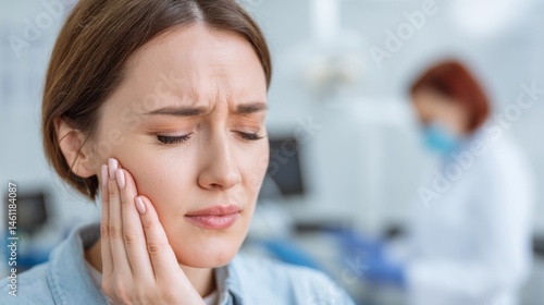 A close-up of a person holding their cheek in pain, indicating wisdom tooth gum pain, set in a bright, well-lit dental office, with a dentist in the background preparing tools.