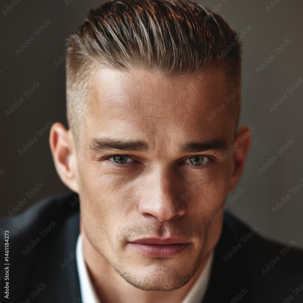 Fototapeta premium A close-up of a person with eyes focused directly at the camera. person with a sharp, clean undercut hairstyle with slicked-back hair on top.