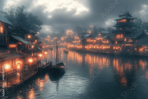 Wallpaper Mural Rainy night illuminates a tranquil canal with glowing buildings and boats Torontodigital.ca