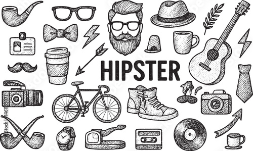 Hand-drawn sketch of hipster elements like glasses, bicycle, guitar, and mustache, monochrome style, perfect for retro, trendy, or lifestyle themes, vintage illustration