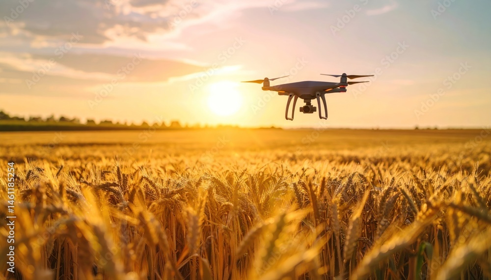 Drone Flying Over Wheat Field at Sunset Drone Flying Over Wheat Field at Sunset