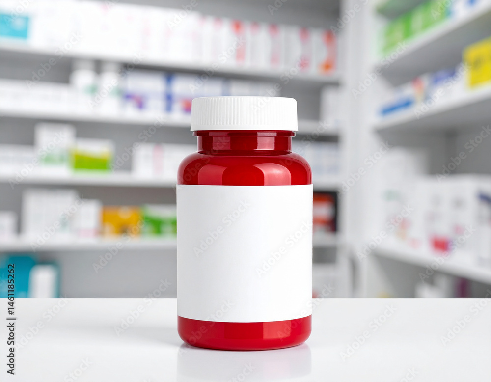 Red plastic vitamin bottle mockup with customizable label. Pharmacy bottle mockup Red plastic vitamin bottle mockup with customizable label. Pharmacy bottle mockup