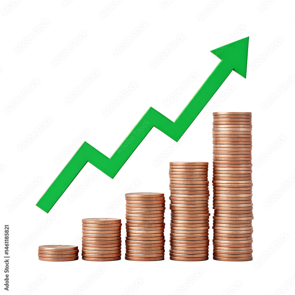 Stacks of coins rising in height alongside a jagged green upward arrow, representing economic growth, investment success, or financial recovery, isolated on a transparent background Stacks of coins rising in height alongside a jagged green upward arrow, representing economic growth, investment success, or financial recovery, isolated on a transparent background