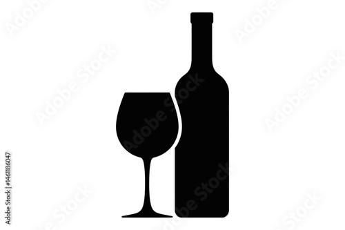 Wine bottle and glass silhouette vector illustration